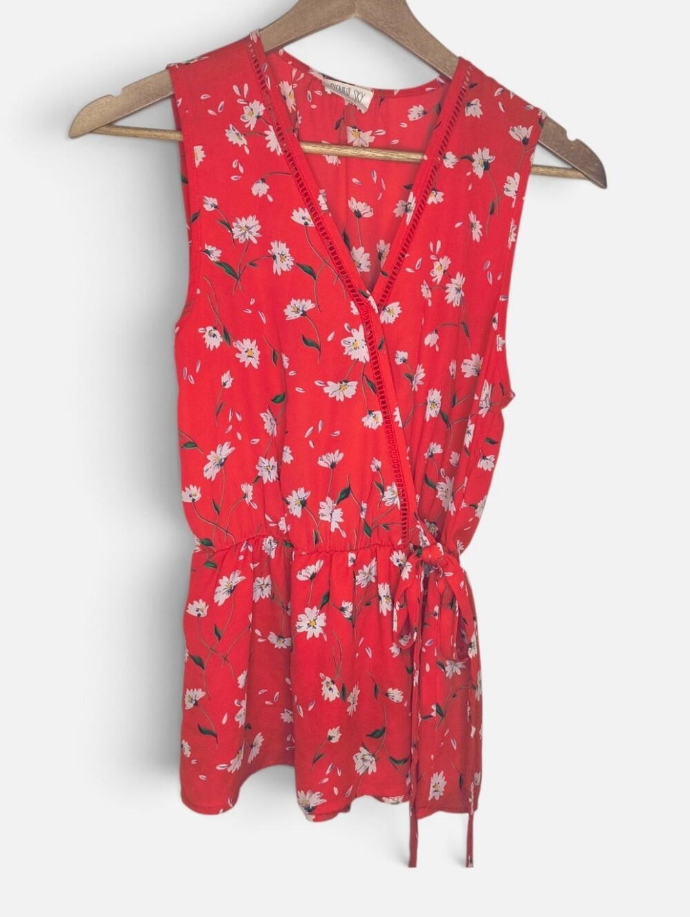 Sienna Sky Wrap Side Tie Red Floral Sleeveless Blouse